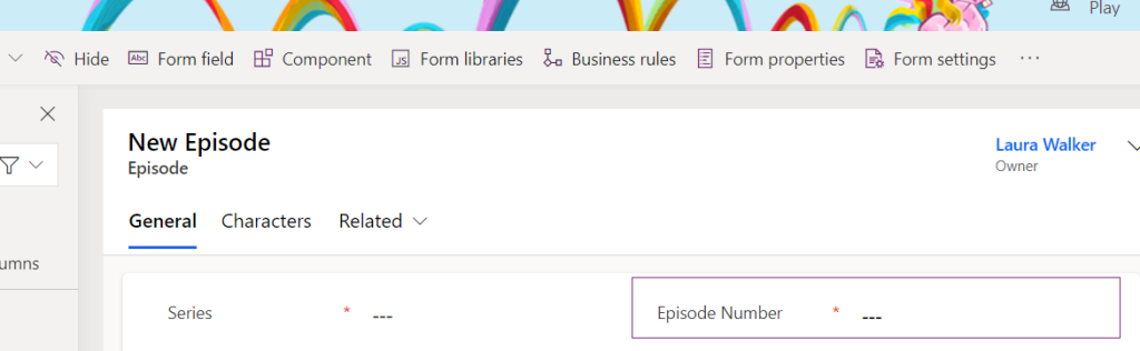 Screenshot of the form editor toolbar and the top Episode Number selected.