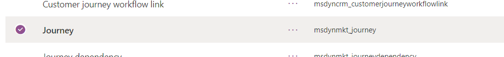 Screenshot of the table 'Journey' with name msdynmkt_journey selected