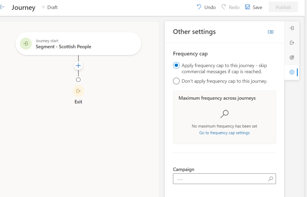 Screenshot of Journey form, on the Settings area, with Campaign showing