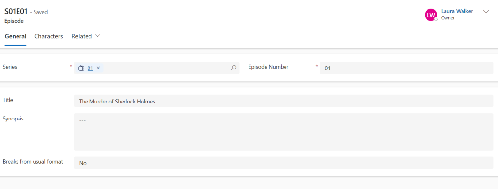 Saved Episode record with the Title 'The Murder of Sherlock Holmes' entered.