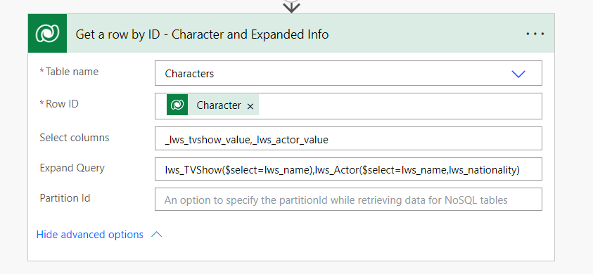 Screenshot of Get a row by ID action, with _lws_tvshow_value, _lws_actor_value in Select columns, and lws_TVShow($select=lws_name),lws_Actor($select=lws_name,lws_nationality) in Expand Query