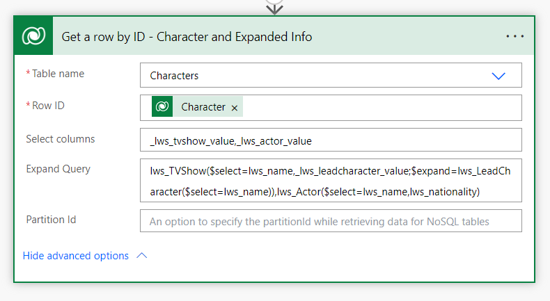 Get a row by ID with Expand Query lws_TVShow($select=lws_name,_lws_leadcharacter_value;$expand=lws_LeadCharacter($select=lws_name)),lws_Actor($select=lws_name,lws_nationality)